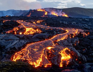 Volcanic lava flows across dark landscape
