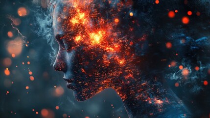 A mind split into glowing digital fragments, symbolizing stress-induced dissociation