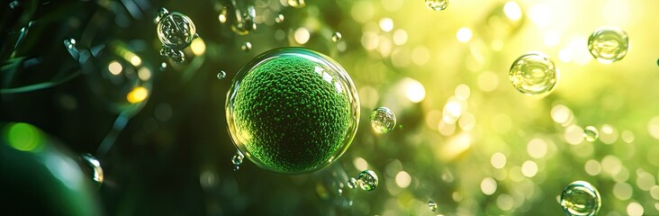 Microscopic Green Algae Cell Surrounded by Water Droplets