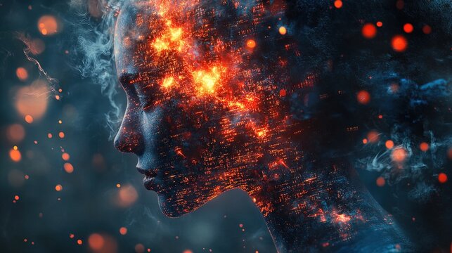 A mind split into glowing digital fragments, symbolizing stress-induced dissociation