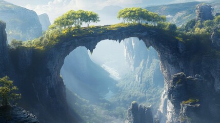 Misty Mountaintop Natural Bridge with Lush Greenery