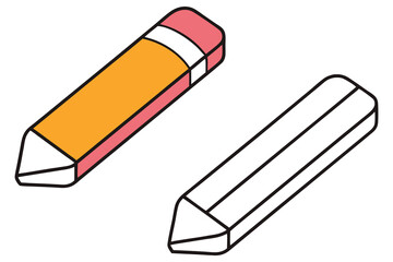 Angled view displays colorful orange and pink rubber eraser with white highlights, another eraser outlined
