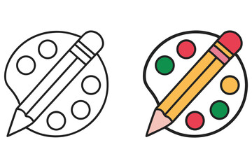 Black and white pencil rests upon the palette, as does the colorful variation with paints