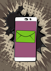 Cartoon Smartphone, comic book Telephone with Letter Envelope. Retro vector comics pop art design.