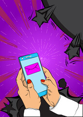 Cartoon Smartphone, comic book Telephone with Letter Envelope. Retro vector comics pop art design.