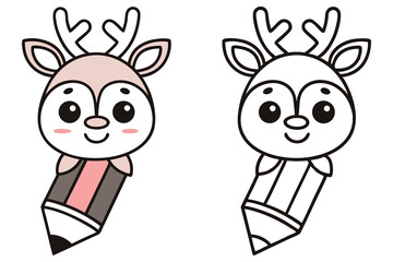 Cute cartoon reindeer head with pencil body is presented in color and outline