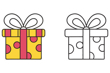 One yellow present with polka dots sits next to a blank coloring page