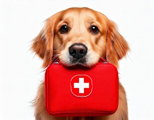 a golden retriever holding a red first aid kit in its mouth