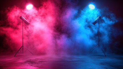Studio lighting, smoke, red blue,  concrete floor, backdrop