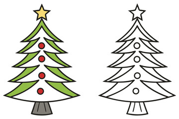 Two Christmas trees, one green and decorated, another in outline format, display transparent background