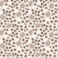 Delicate Floral Arrangement in Earthy Tones for Various Applications. Warm Beige Brown Neutral Floral Doodle Seamless Pattern. Vintage Rustic Neutral Flower Print. 