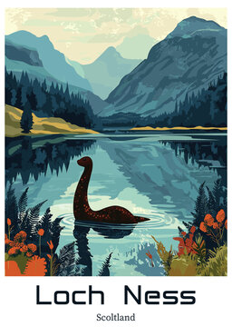 Loch Ness Monster Vector Illustration. Scotland Landscape.