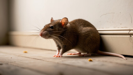 Small brown rat on indoor wooden floor near baseboard, alert and foraging. Ideal for pest control, rodent identification, and home infestation awareness