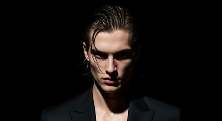 Obraz premium Mysterious Man in Suit, Dramatic Lighting