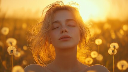 Woman blowing dandelion seeds in a sunny meadow, peaceful nature moment