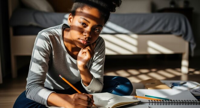 An African American girl who is serious and focused on studying and completing her school assignments
