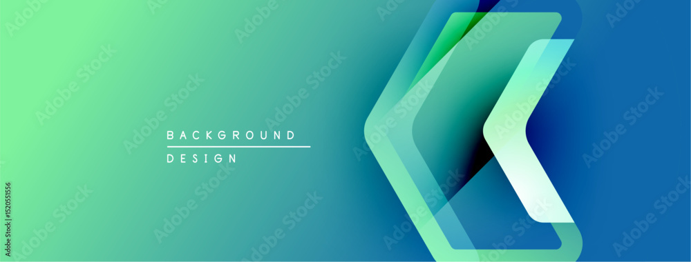 Poster Abstract gradient background features layered chevron shapes. Teal, green, blue hues create modern visual effect. Minimalist design.