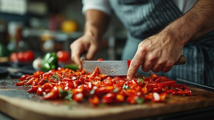 Slicing chili peppers on kitchen counter, food photography