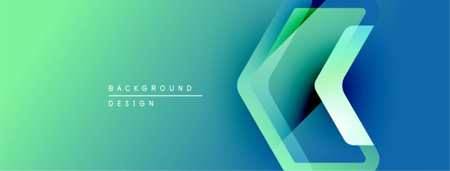 Abstract gradient background features layered chevron shapes. Teal, green, blue hues create modern visual effect. Minimalist design.