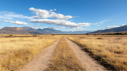 Fototapeta premium Scenic Dirt Road Through Dry Grassland Under Blue Sky