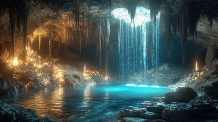 Fototapeta premium Enchanted Cave Waterfall: A subterranean paradise, where crystalline water cascades into a luminous pool. Mystical glow illuminates stalactites, creating an ethereal ambiance.
