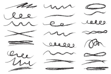 Pen brush marker scrawls, crayon scribbles, rough brush charcoal pen strokes, underlines strikethroughs. Underline typography scribbles, crosses, curves. Vector  illustration. Variety Design. Eps 10.