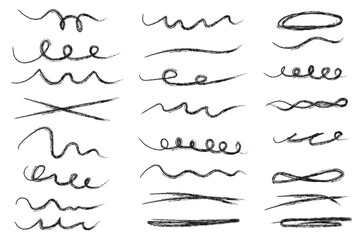 Pen brush marker scrawls, crayon scribbles, rough brush charcoal pen strokes, underlines strikethroughs. Underline typography scribbles, crosses, curves. Vector  illustration. Variety Design. Eps 10.