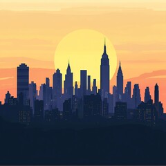 Obraz premium Cityscape Illustration Featuring Skyline Silhouette with Skyscrapers and Urban Buildings – Vector Artwork of Downtown Architecture at Sunset and Night, Showcasing Landmarks and Travel Vibes