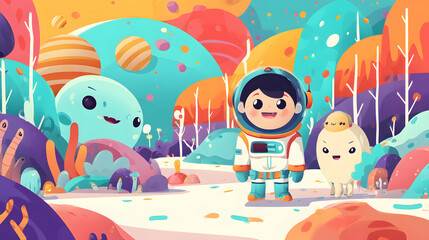 Obraz premium Cartoon astronaut and alien friends flat illustration kids
