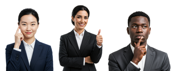 Diverse group of young adult business professionals, an East Asian woman, a South Asian woman, and a Black man, in formal suits, displaying thinking and approval gestures on a transparent background.