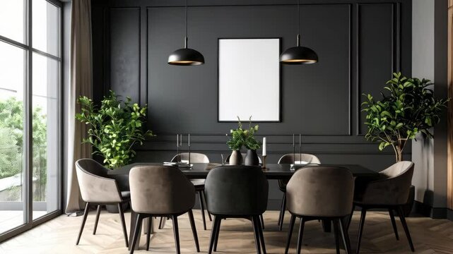 Elegant dining room with dark walls, hardwood floor, table setting and blank frame for art display.