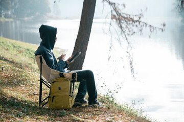 Future remote work combines technology nature smart phone enable e-learning productivity while...