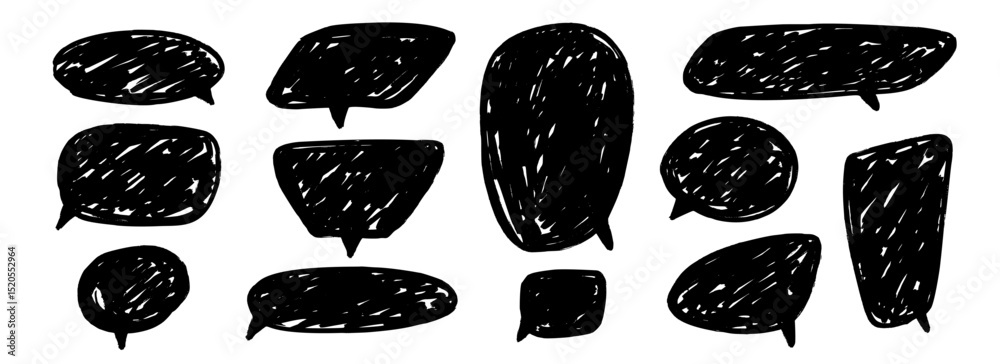 Aufkleber Hand drawn speech bubble collection. Doodled marker dialog box set. Sketched textured comic talk frames. Round, square or rectangle balloon text box bundle. Vector black scribbled chat box pack