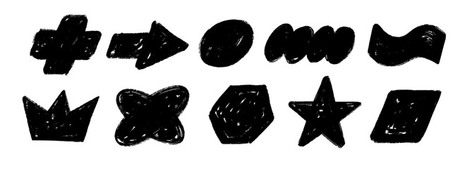 Black hand drawn crayon shape set. Charcoal geometric doodle collection. Black pastel pencil texture form pack for sticker, patch, badge. Childish sketch cross, crown, star, arrow elements. Vector