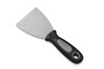Putty knife with black and grey handle lying on a transparent background, ready for diy and renovation work