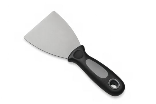 Putty knife with black and grey handle lying on a transparent background, ready for diy and renovation work