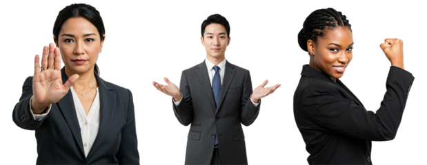 Diverse group of business professionals expressing various concepts. Asian woman gestures stop, Asian man shrugs, Black woman shows strength and empowerment. Isolated on black.