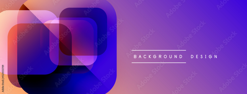 Poster abstract geometric shapes overlap, creating vibrant purple, orange gradient. modern design element f