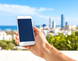 Smartphone held outdoors, city view