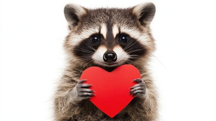 Fototapeta premium A close up portrait of a lovable raccoon clutching a vibrant red heart shaped symbol conveying a sense of affection and endearment