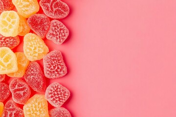 Colorful gummy candies scattered on a pink background