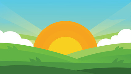 Golden Cartoon Sunrise Peeking Behind a Lush Green Field Vector illustration Background