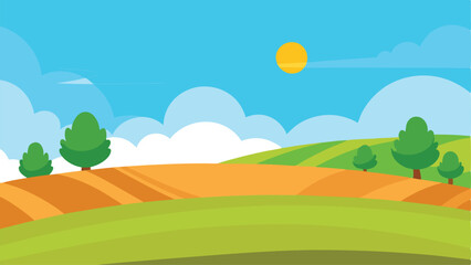 Obraz premium Wide Cartoon Scenic Horizon Over a Green Field Vector illustration Background