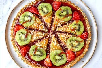 Colorful Fruit Tart with Strawberries and Kiwi Slices on Plate