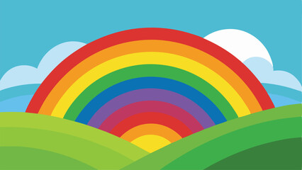 Vibrant Cartoon Rainbow Arcing Behind Rolling Green Hills Vector illustration Background