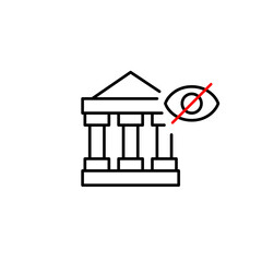 Vector icon of bank building with crossed-out eye, symbolizing hidden account, private banking, or invisible financial data. Ideal for fintech apps, security settings, and UI