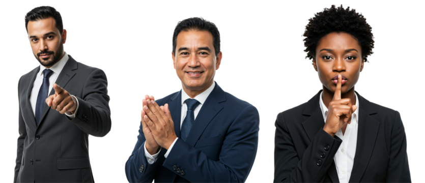Diverse group of business professionals making gestures. Confident Hispanic man pointing, smiling Asian man clapping, and serious Black woman shushing, isolated on transparent background.