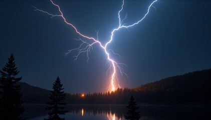 Brilliant lightning illuminates the dark sky as it strikes the forested mountains near a calm lake, creating a stunning contrast against the night backdrop. Generative AI.