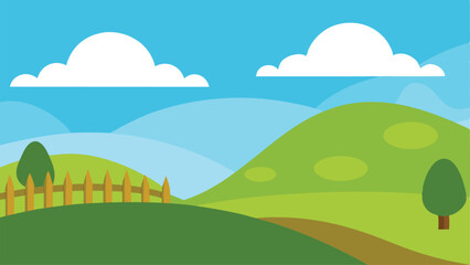 Rolling Cartoon Hills with a Fence Under a Clear Sky Vector illustration Background