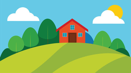 Naklejka premium Cartoon Hillside Scene with a Rustic Barn Roof Vector illustration Background